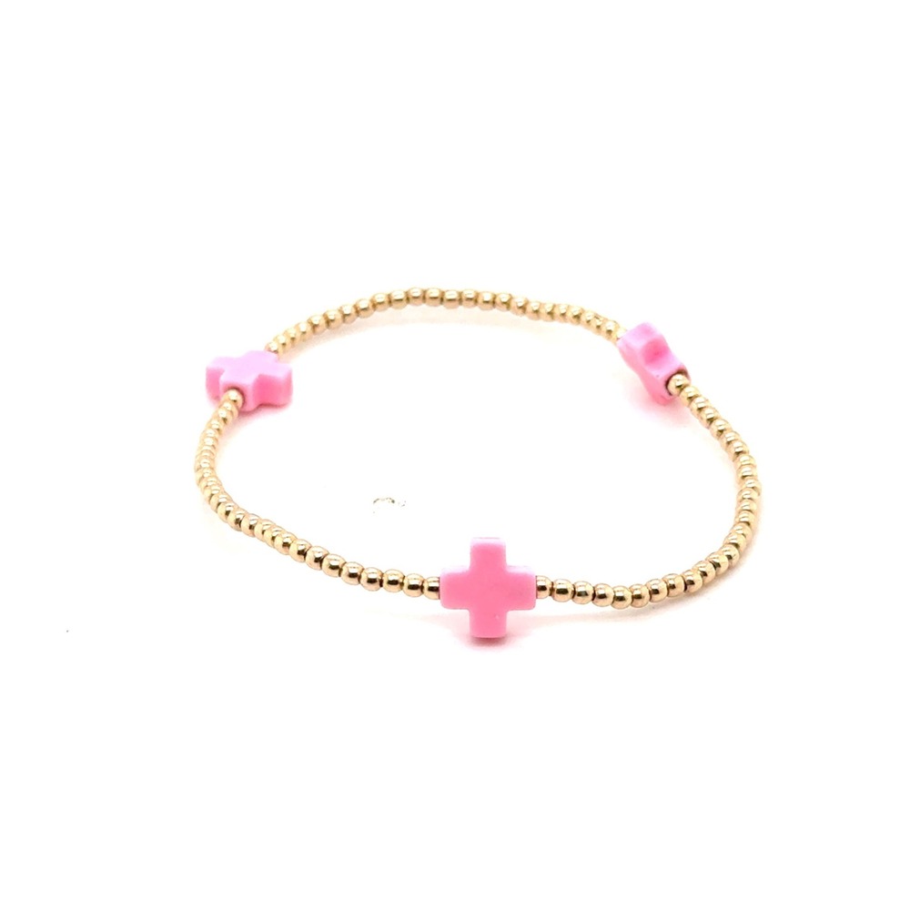 Enewton Hope Unfailing Gold Filled Beaded Bracelet Pink Enamel Crosses 6.25in